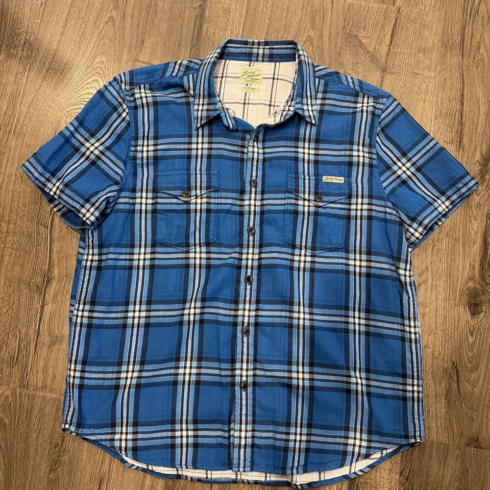 Lucky Brand Mens XL Short Sleeve Plaid Button Front Flannel Shirt Blue